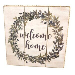 Rustic Wooden Welcome Home Sign With Leaf Wreath Design Burlap Edges Square 5.5"